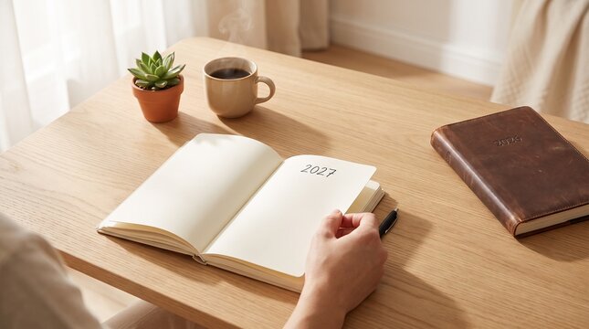Hand Opening 2027 Planner Beside 2026 Diary and Coffee