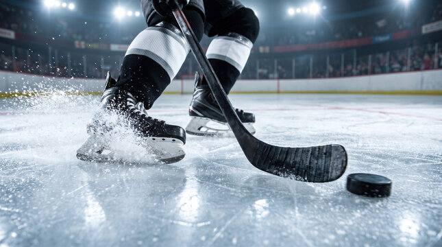 Ice hockey player with stick and skate maneuvering puck in fast sport action on arena rink.