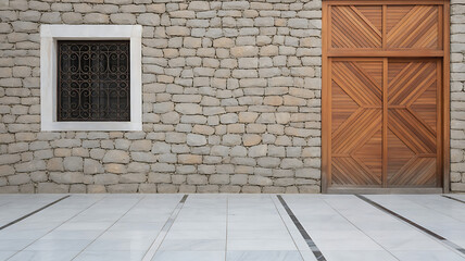 Fototapeta premium stone wall with a window geometric wooden marble design floor and parking tile. 
