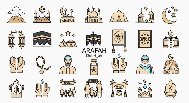 Islamic icons set for Arafah and Dhul-Hijjah celebration, vector illustration design elements