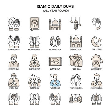 Islamic daily duas vector icons set with various prayers and religious symbols for spiritual practices and worship