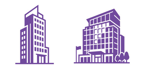 Fototapeta premium Two purple building one a modern office block and one a hotel with trees, isolated on a white background, for urban architecture themes