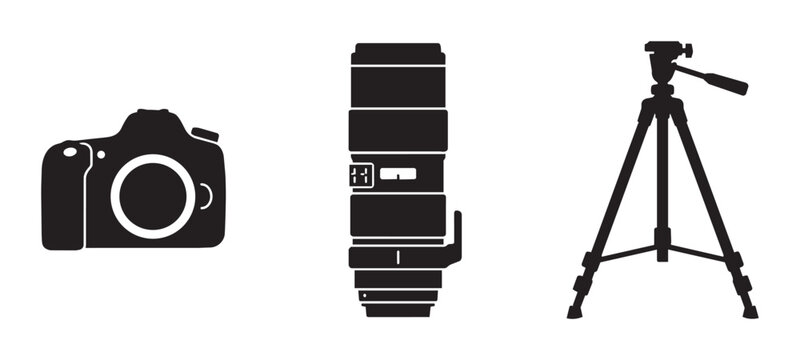 Camera, telephoto lens, and tripod silhouettes set for photography