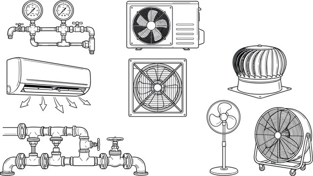 Industrial ventilation and air conditioning vector elements featuring cooling fans conditioning units pipes and turbine ventilators