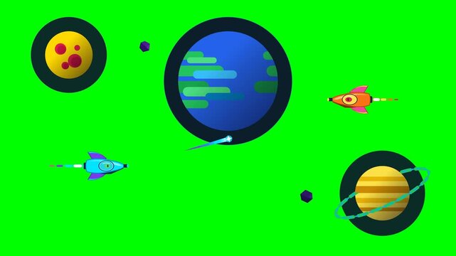 Playful 2.5D stylized alien spacecraft laser battle with two chunky hero starships, planetary backdrops, laser dodges, and center collision impact on pure green screen.