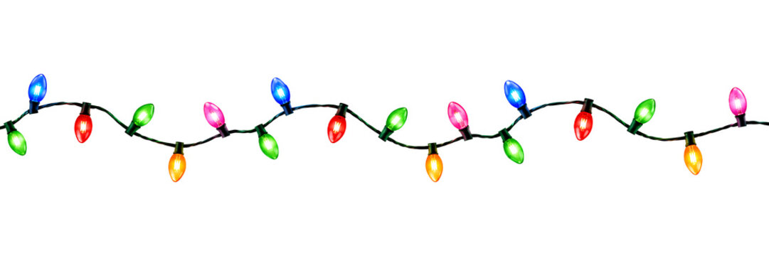 Colorful Christmas String Lights with Glowing Bulbs for Holiday Decoration isolated transparent background