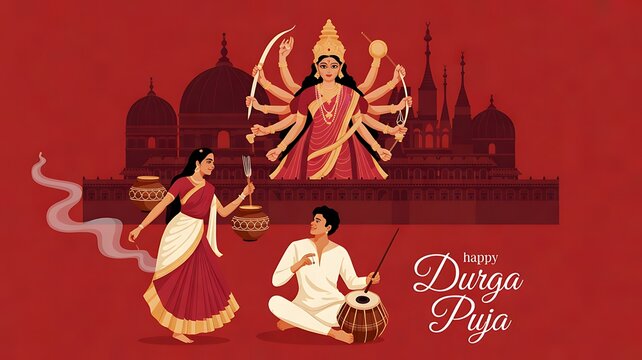 Goddess durga with people celebrating durga puja festival