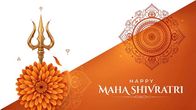 Happy maha shivratri greeting with trishul and marigold flower