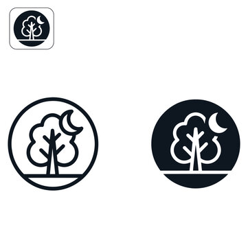 Minimalist forest icon with crescent moon for nature conservation