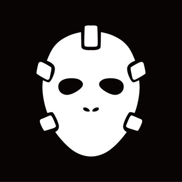Classic hockey mask vector illustration, horror slasher face silhouette icon isolated on black background.
