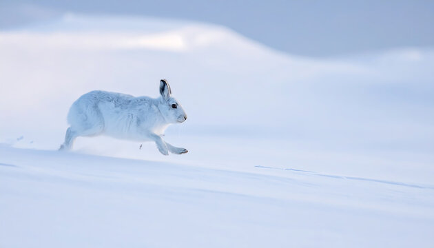 Arctic Hare Running Fast Through Snowy Winter Landscape Wildlife Scene