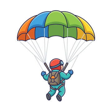Cartoon Paratrooper Descending With Colorful Chute.
