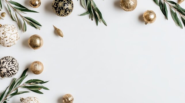 Christmas flat lay composition with shiny golden and black baubles and green leaves on white background top view