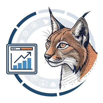 Lynx head with a digital business bar chart icon in a circular design frame wild cat data visualization business ana
