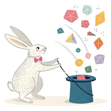 Illustration of a cartoon rabbit pulling geometric shapes out of a magic top hat with magic trick