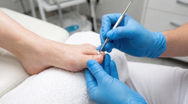 Podiatrist performing professional toenail treatment on a patient in a clinical medical office