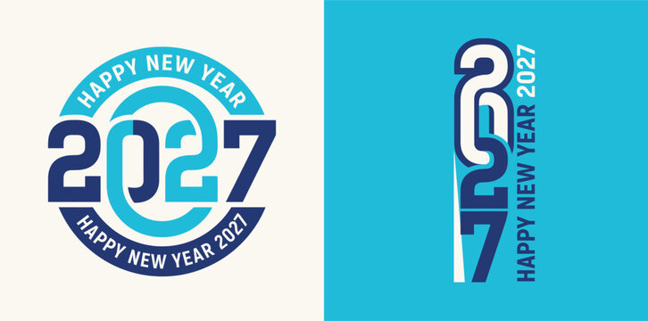 Modern blue and white new year 2027 vector graphic design set featuring circular and vertical typography style layouts