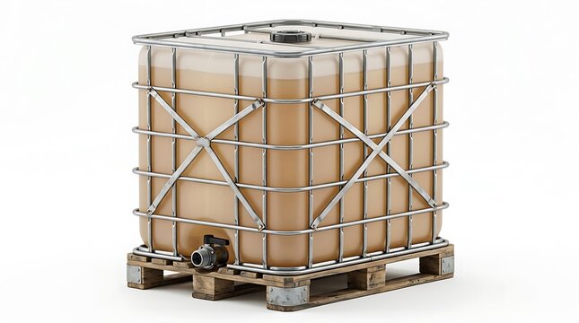 Industrial liquid storage tank container with a metal cage frame placed on a sturdy wooden pallet base. ibc container