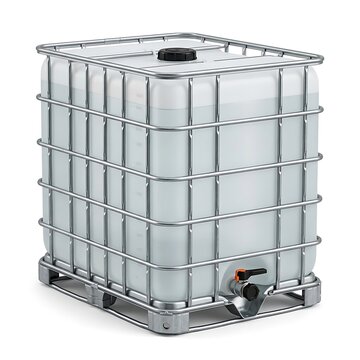 Large plastic water tank container with metal cage and tap for industrial liquid storage on wooden pallet. ibc container