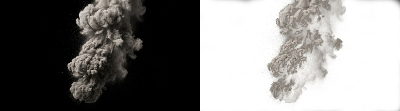 Dense gray smoke plume on black and white backgrounds, thick cloud texture, vertical composition, isolated element for visual effects, fire, or pollution concepts