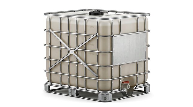 Large plastic industrial ibc water tank container with metal frame cage on a pallet for liquid storage. ibc container