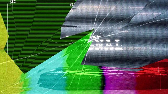 Broken screen background with shattered glass and vhs digital glitch no signal effect on background