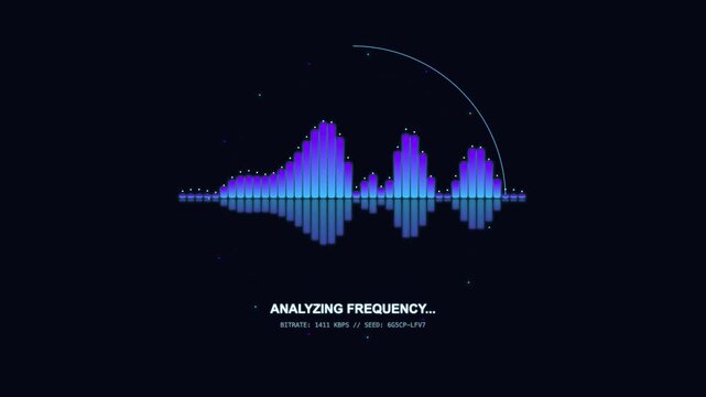 Digital audio frequency equalizer waveform pulsating on dark screen with technical data