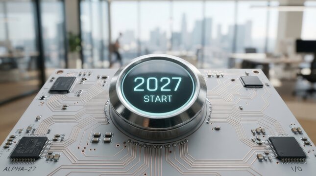 Happy New Year High tech computer circuit board with glowing 2027 start button symbolising technological advancement for upcoming new year 2027