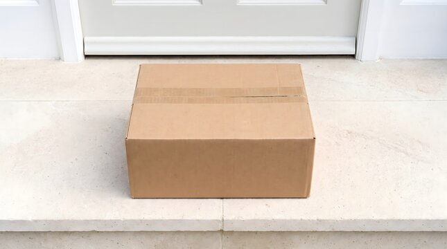 Plain cardboard package left on a doorstep in front of a white door. Contactless home delivery, e-commerce shipping, and online shopping retail service concept