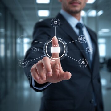 businessman pressing virtual button