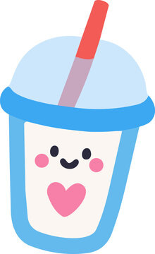 Cute hand drawn doodle illustration of happy plastic cup drink character with straw and heart