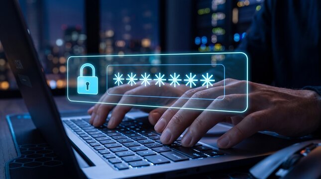 Person typing password on laptop with digital security lock overlay with keyboard glowing digital types password lock interface