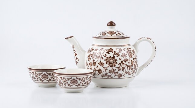 Elegant White Teapot and Two Matching Bowls with Brown Pattern Isolated