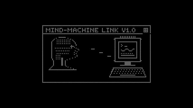 Retro 80s pixel art style mind machine link interface showing human brain connected to a vintage computer terminal