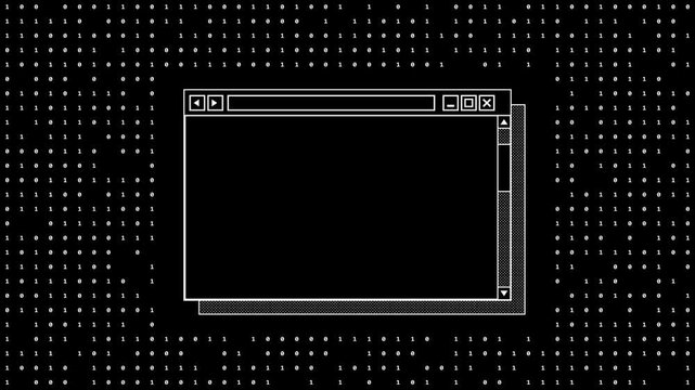 Retro computer window mockup on dark digital binary code background cyber security and programming interface illustration