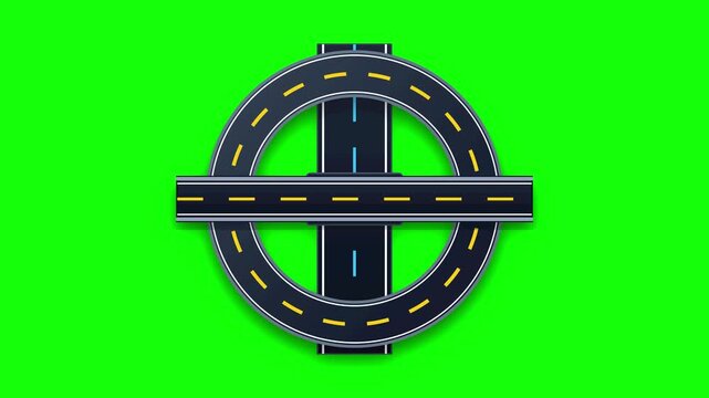 Highway interchange road junction animation clip featuring asphalt streets with markings over a green screen background