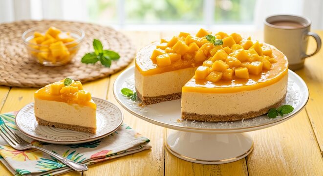 Fresh mango cheesecake topped with juicy mango pieces and mint, served with a single slice on a bright sunny table.