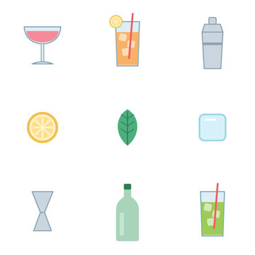 Mocktail and bar icon set with coupe, highball glass, shaker, citrus slice, mint leaf, ice cube, jigger and bottle, flat vector