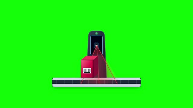 Automated barcode scanner reading package on conveyor belt in motion with green screen background video clip