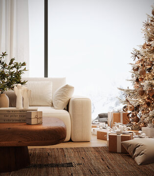 Modern interior design with decorated Christmas tree and white copy space. Christmas at home. 3D Rendering, 3D Illustration