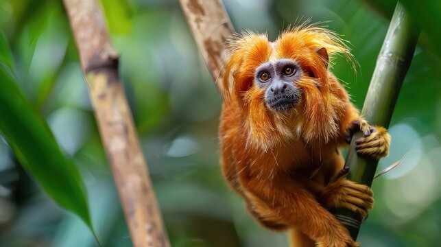 Golden-headed lion tamarin, Leontopithecus chrysomelas, Baha in Brazil. Cute red orange monkey in the nature tropic forest habitat. Small Golden-headed lion tamarin on bamboo tree in junge. Wildlife
