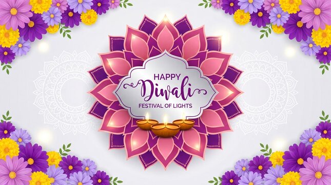 Happy diwali greeting card featuring illuminated diyas, floral motifs, and decorative patterns, symbolizing the festival of lights and good wishes