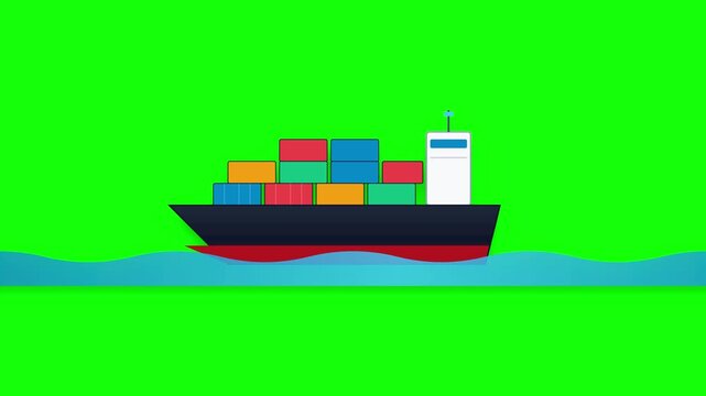 Animated container ship carrying colorful cargo boxes sailing across blue ocean waves against green screen video footage