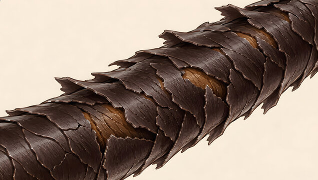 Severely damaged hair cuticle with lifted scales and high porosity macro illustration