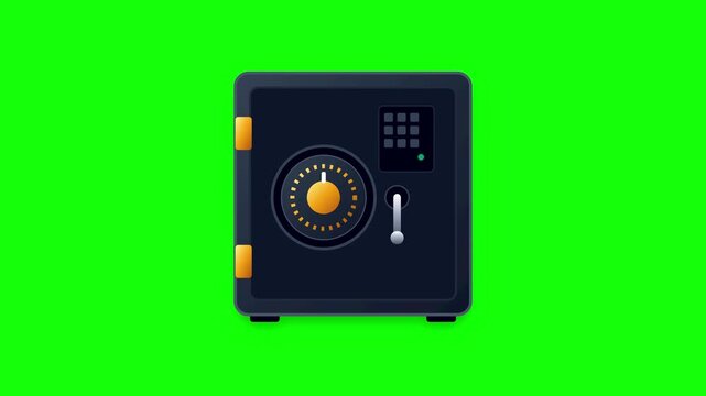 Secure money safe box animation featuring combination lock dial and numeric keypad isolated on green screen footage