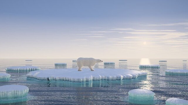 Polar Bear on Shrinking Melting Ice Floe at Arctic Sunset Animation