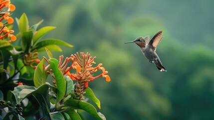 Fototapeta premium Costa Rica wildlife. Talamanca hummingbird, Eugenes spectabilis, flying next to beautiful orange flower with green forest in the background, Savegre mountains, Costa Rica. Bird fly in nature
