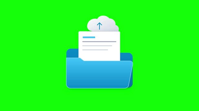 Blue file folder animation uploading digital documents into online cloud storage for modern video footage projects