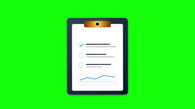 Clipboard with checklist and data chart animated vector graphic footage on green screen background