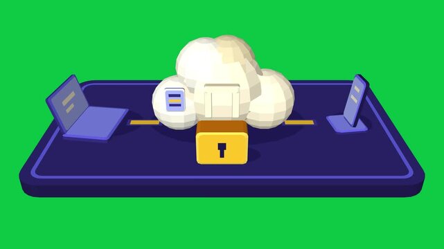 Cloud sync 3D animation on green screen, files transfer between laptop and smartphone through a cloud while a golden padlock closes, secure backup looping motion graphic 4K